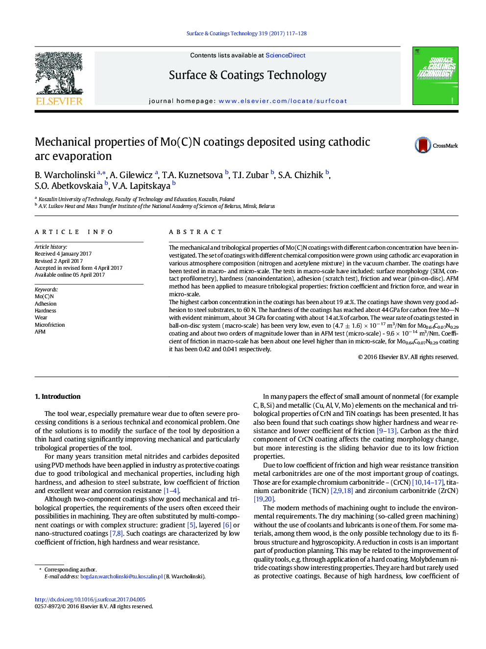 Mechanical properties of Mo(C)N coatings deposited using cathodic arc evaporation