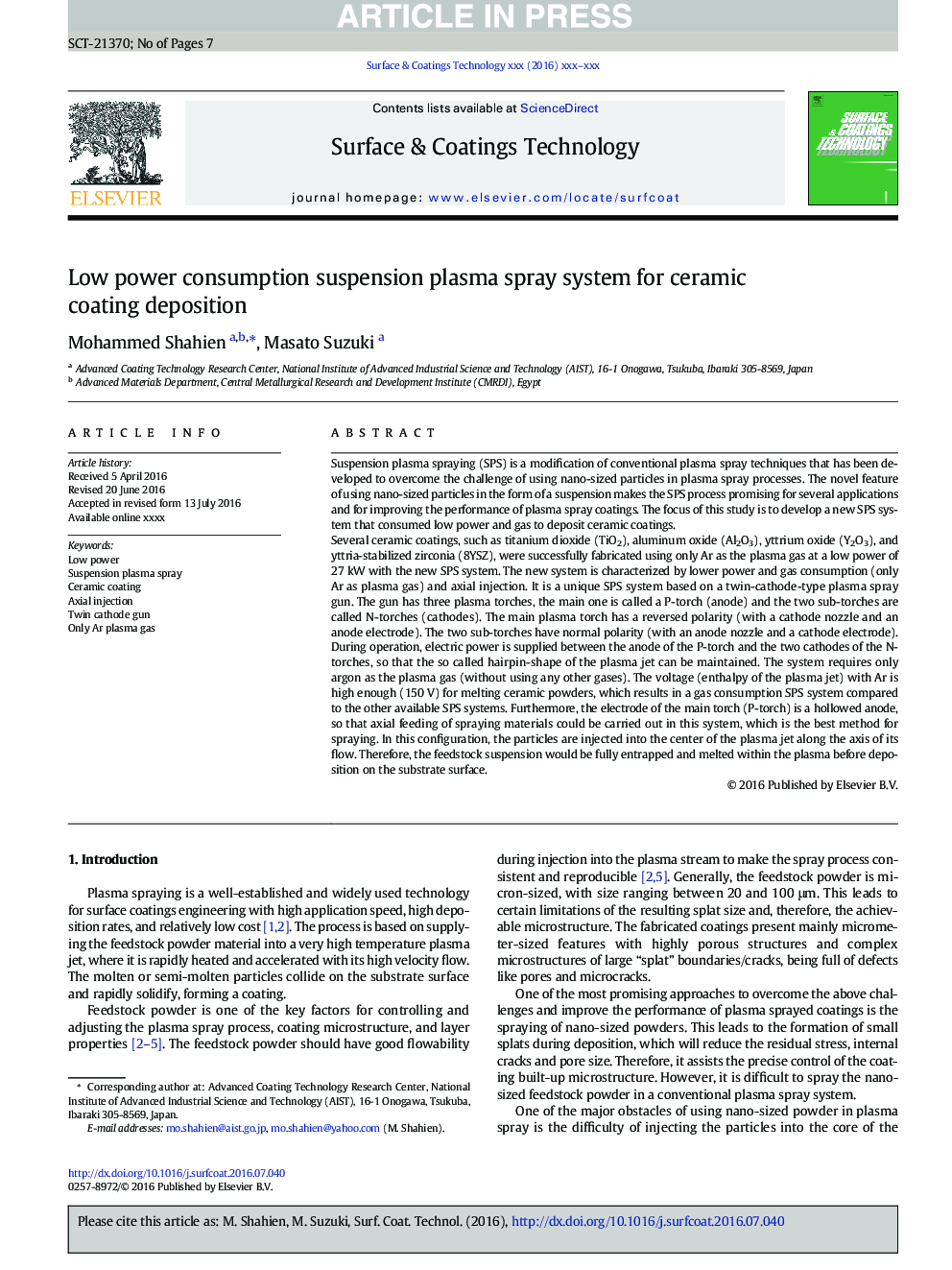 Low power consumption suspension plasma spray system for ceramic coating deposition