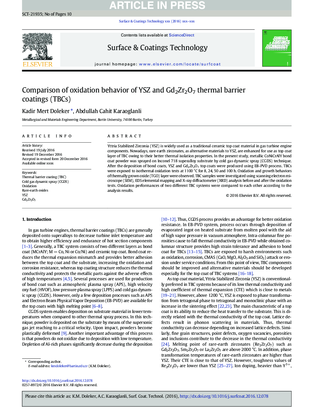 Comparison of oxidation behavior of YSZ and Gd2Zr2O7 thermal barrier coatings (TBCs)