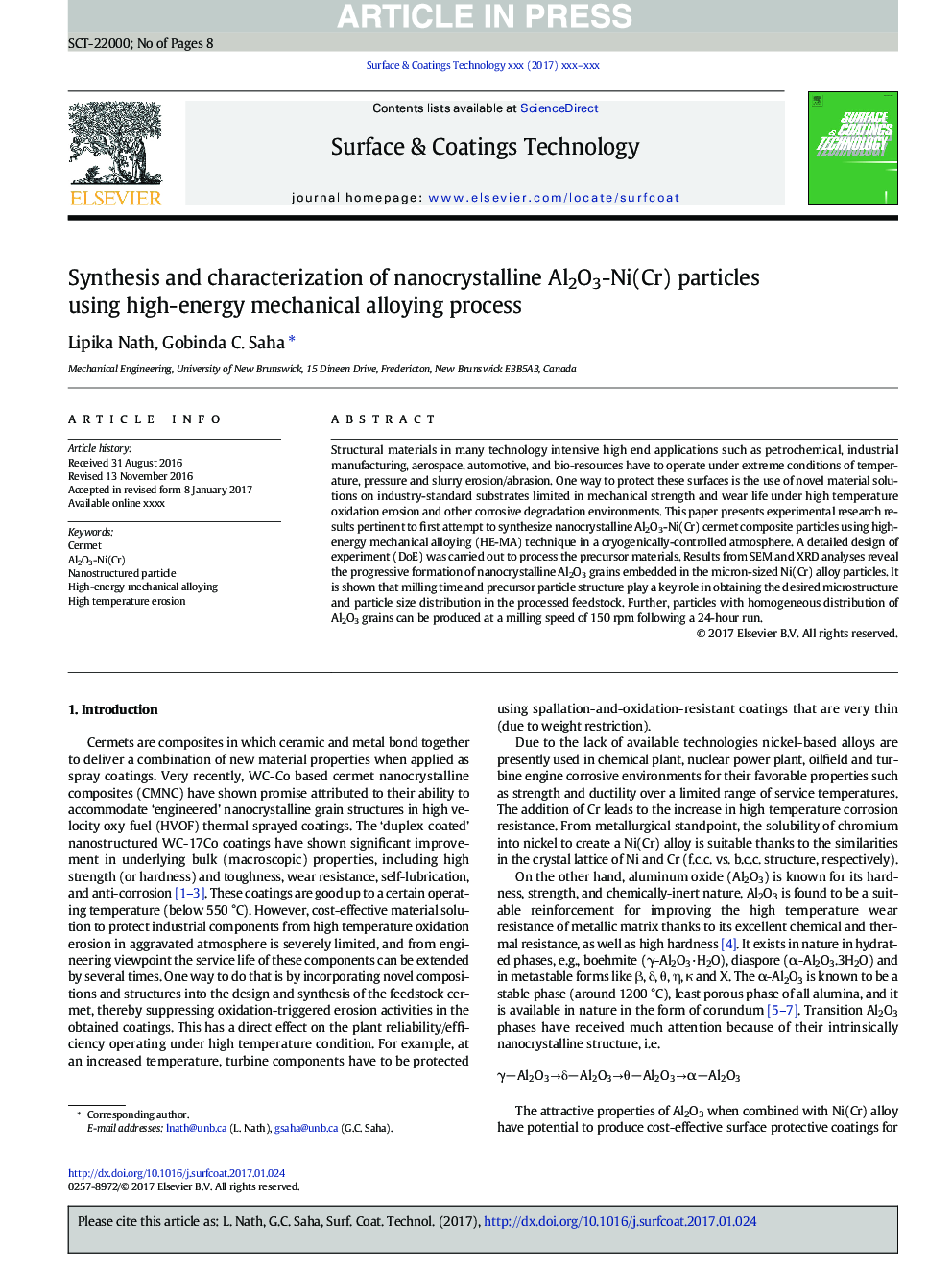 Synthesis and characterization of nanocrystalline Al2O3-Ni(Cr) particles using high-energy mechanical alloying process