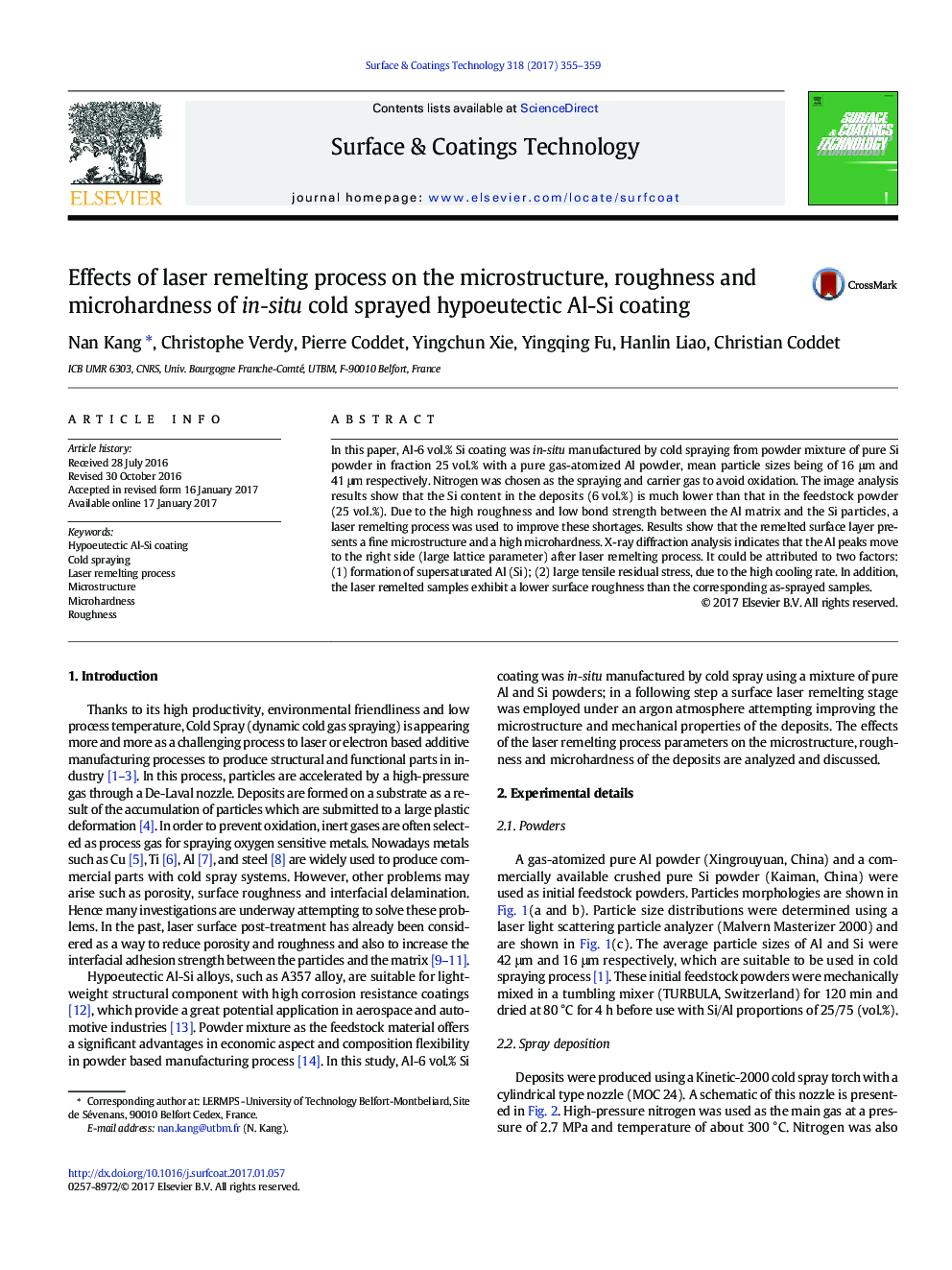 Effects of laser remelting process on the microstructure, roughness and microhardness of in-situ cold sprayed hypoeutectic Al-Si coating