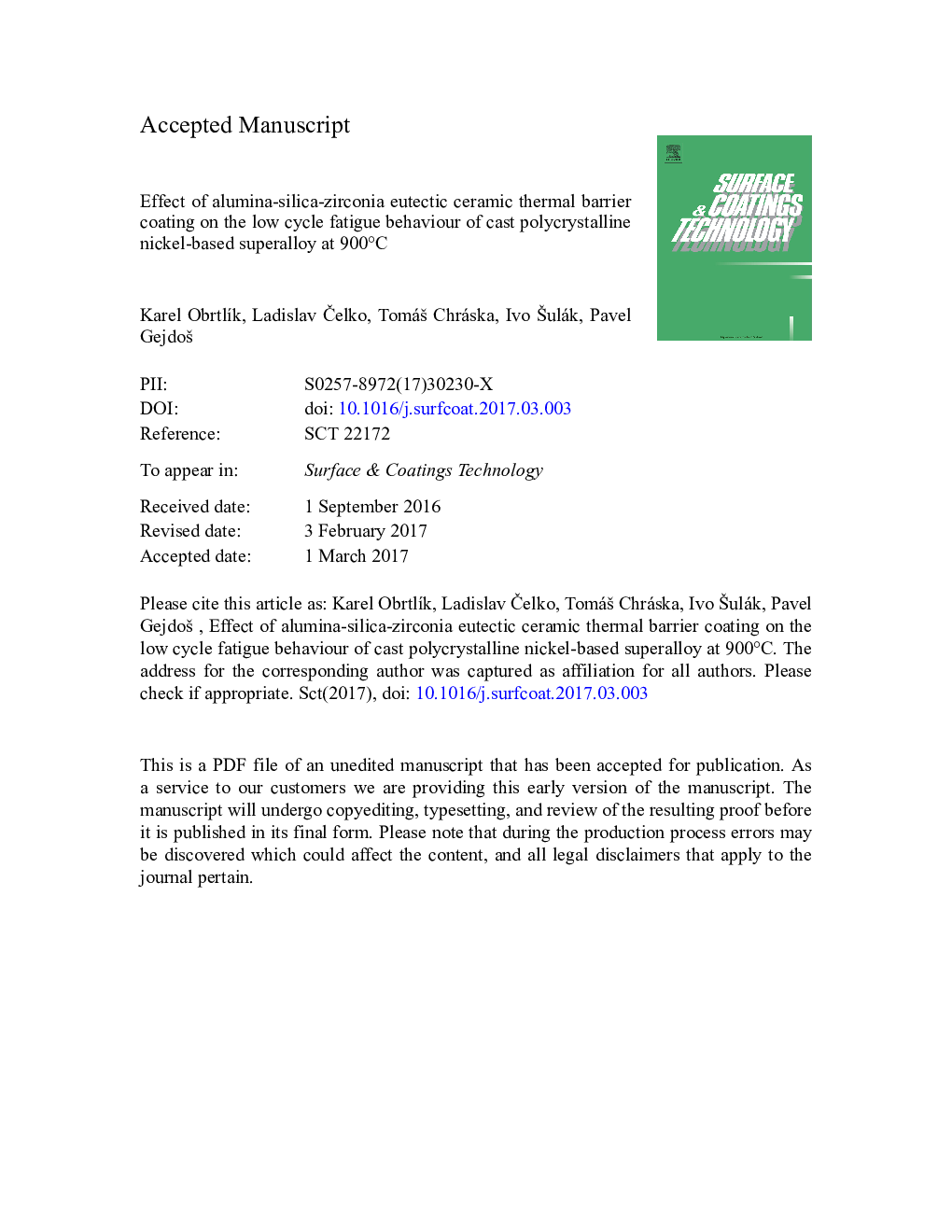 Effect of alumina-silica-zirconia eutectic ceramic thermal barrier coating on the low cycle fatigue behaviour of cast polycrystalline nickel-based superalloy at 900Â Â°C