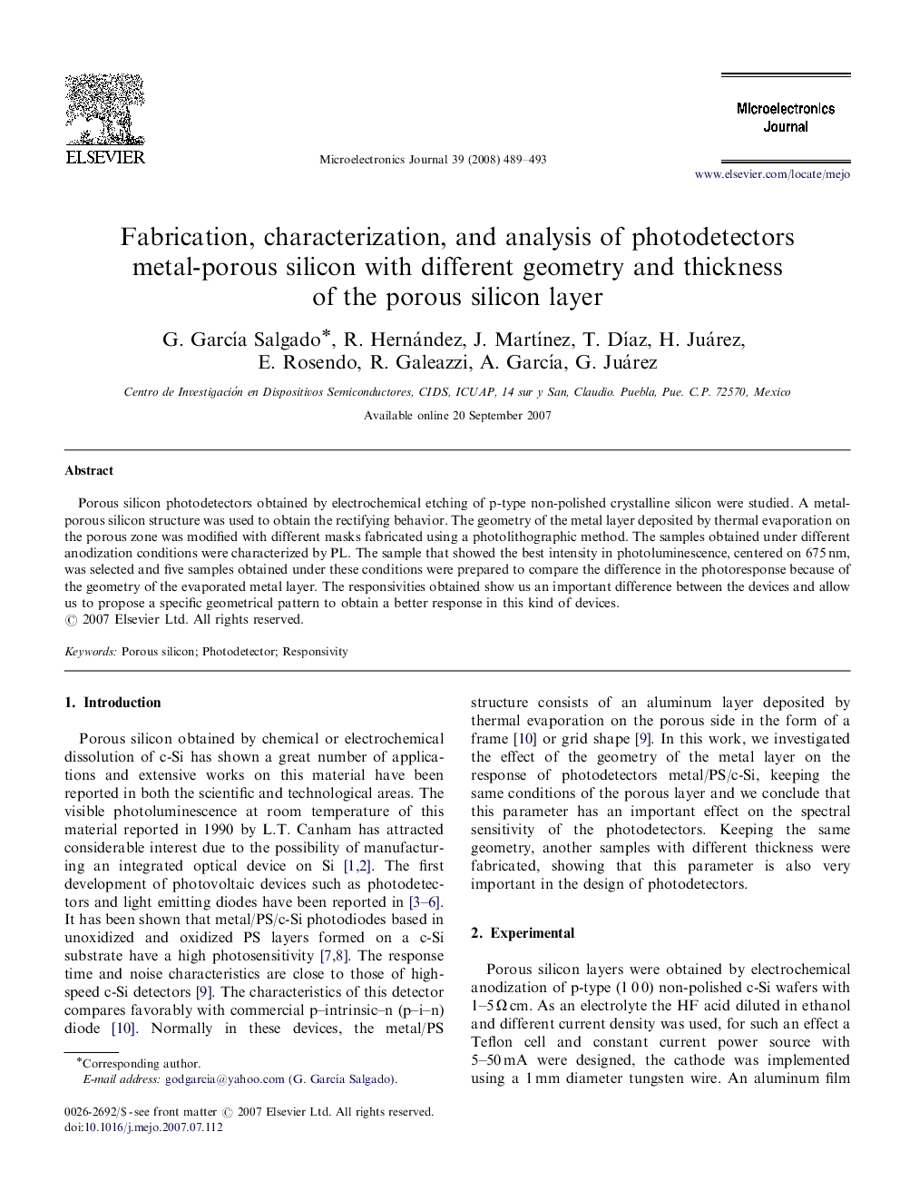 Fabrication, characterization, and analysis of photodetectors metal-porous silicon with different geometry and thickness of the porous silicon layer