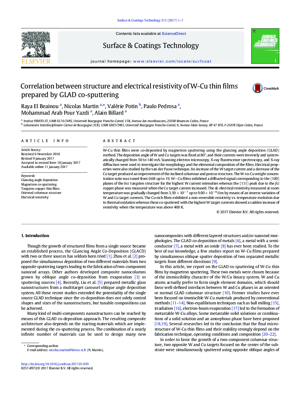 Correlation between structure and electrical resistivity of W-Cu thin films prepared by GLAD co-sputtering