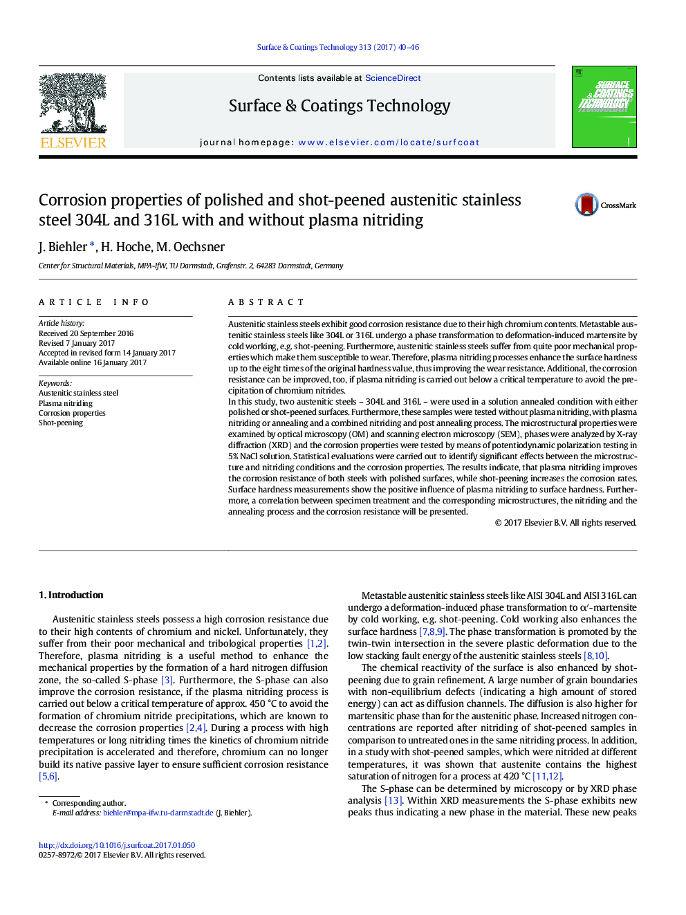 Corrosion properties of polished and shot-peened austenitic stainless steel 304L and 316L with and without plasma nitriding