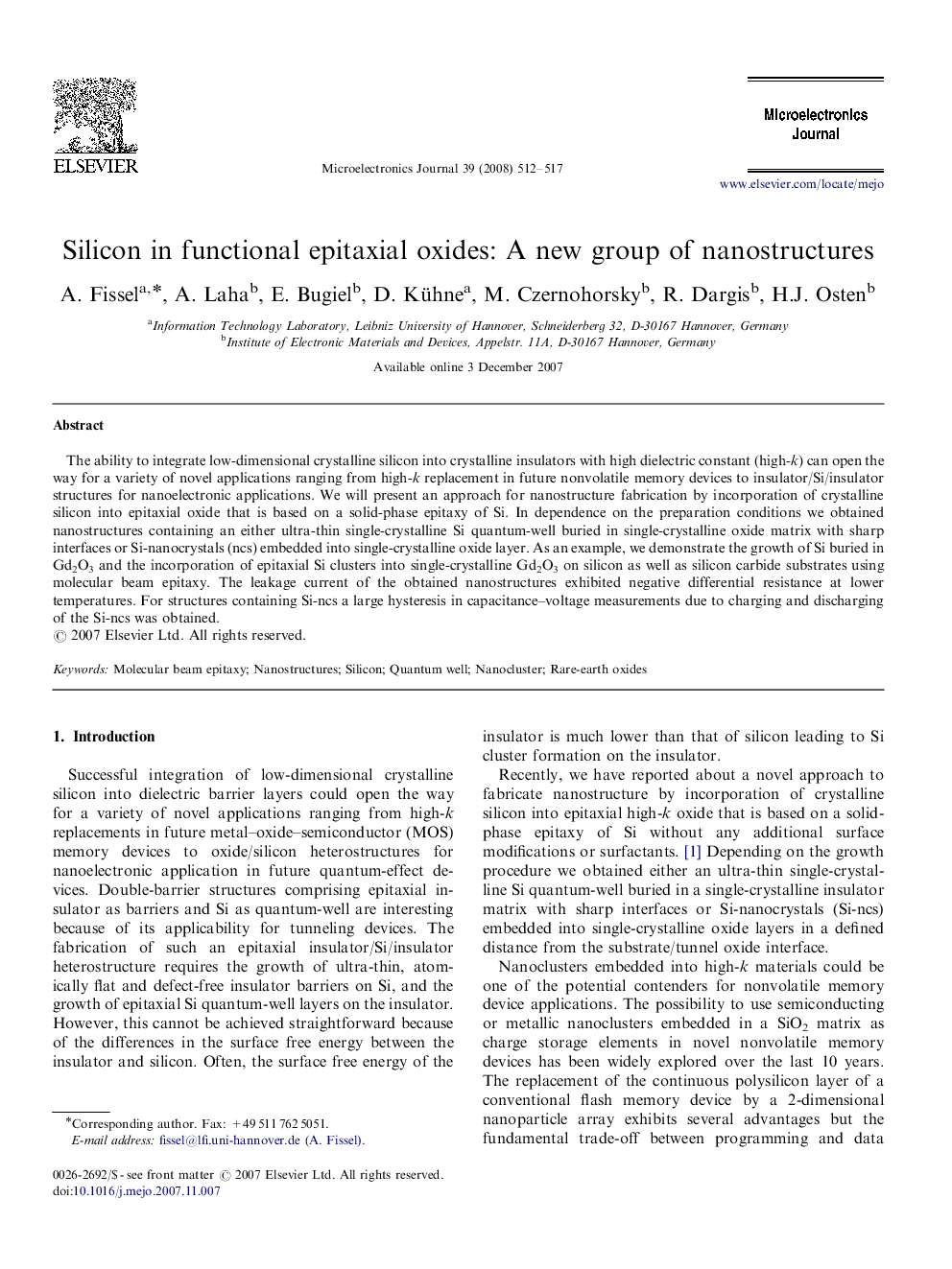 Silicon in functional epitaxial oxides: A new group of nanostructures