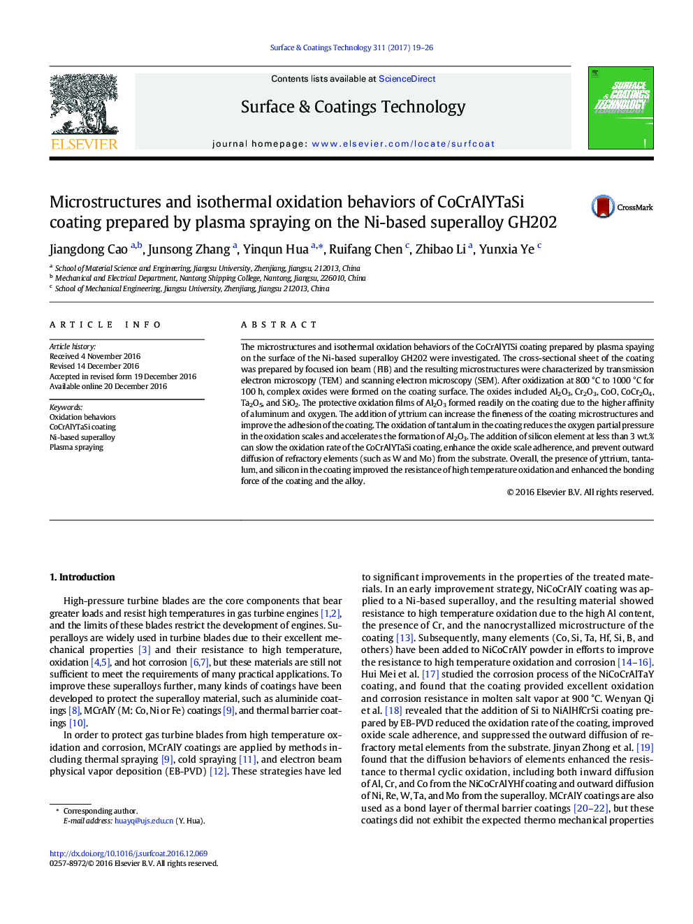 Microstructures and isothermal oxidation behaviors of CoCrAlYTaSi coating prepared by plasma spraying on the Ni-based superalloy GH202