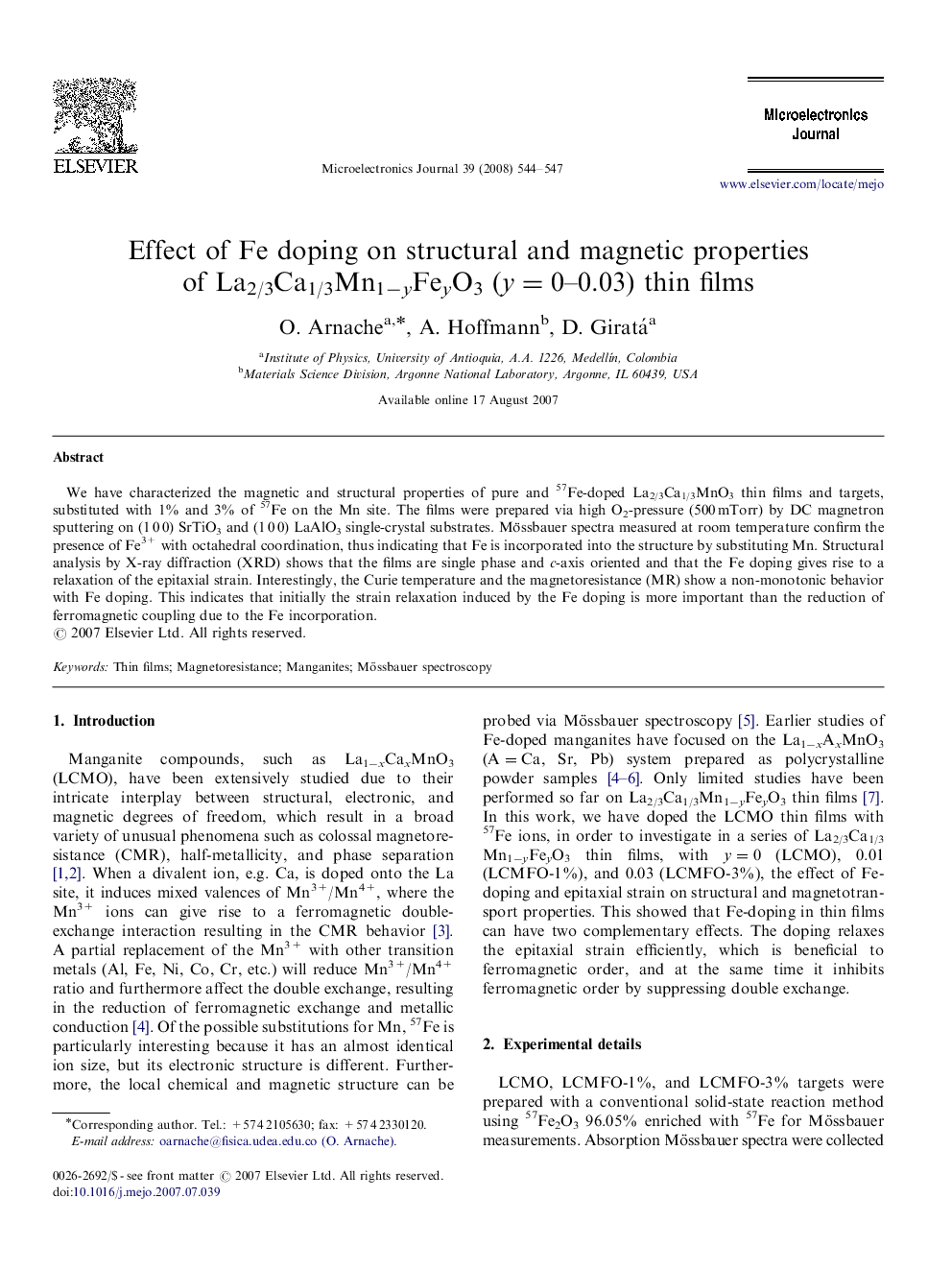 Effect of Fe doping on structural and magnetic properties of La2/3Ca1/3Mn1−yFeyO3 (y=0–0.03) thin films