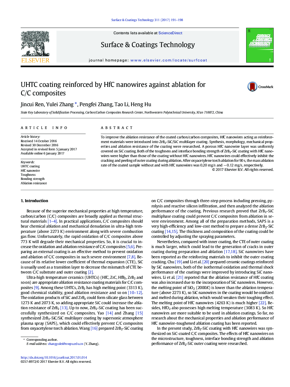 UHTC coating reinforced by HfC nanowires against ablation for C/C composites