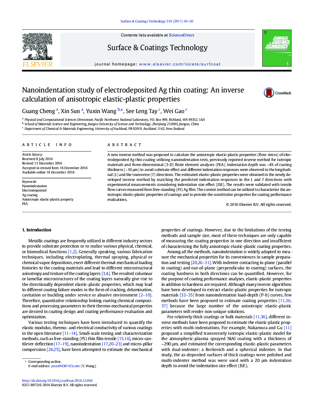 Nanoindentation study of electrodeposited Ag thin coating: An inverse calculation of anisotropic elastic-plastic properties