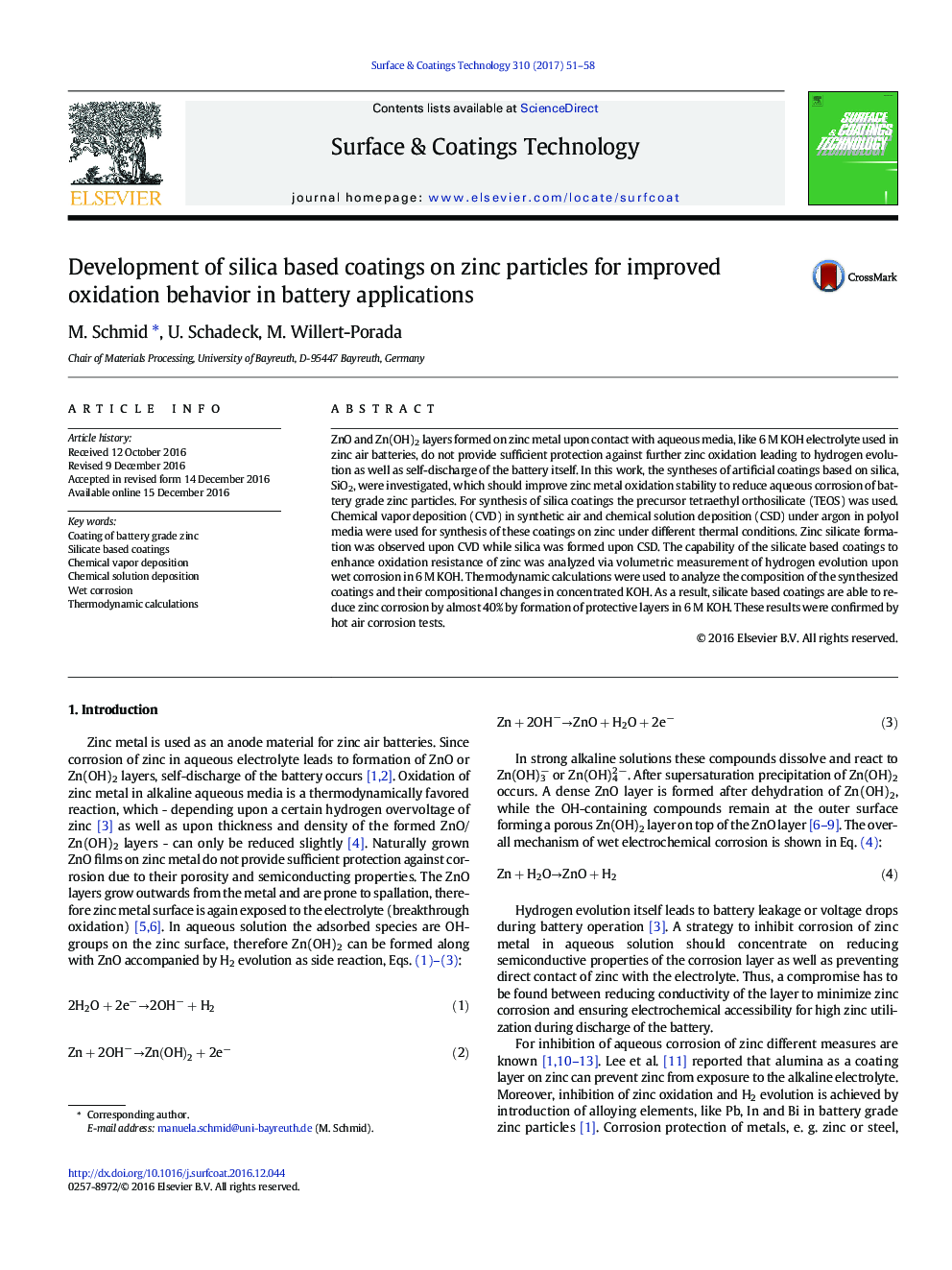 Development of silica based coatings on zinc particles for improved oxidation behavior in battery applications