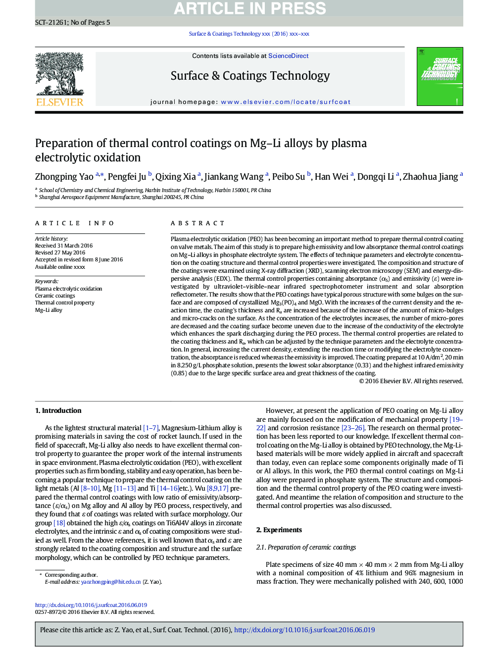 Preparation of thermal control coatings on Mg-Li alloys by plasma electrolytic oxidation