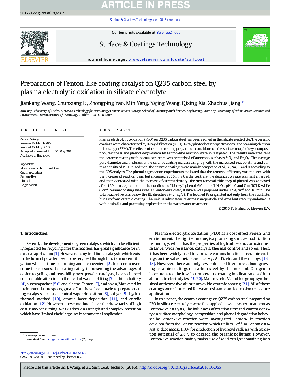Preparation of Fenton-like coating catalyst on Q235 carbon steel by plasma electrolytic oxidation in silicate electrolyte