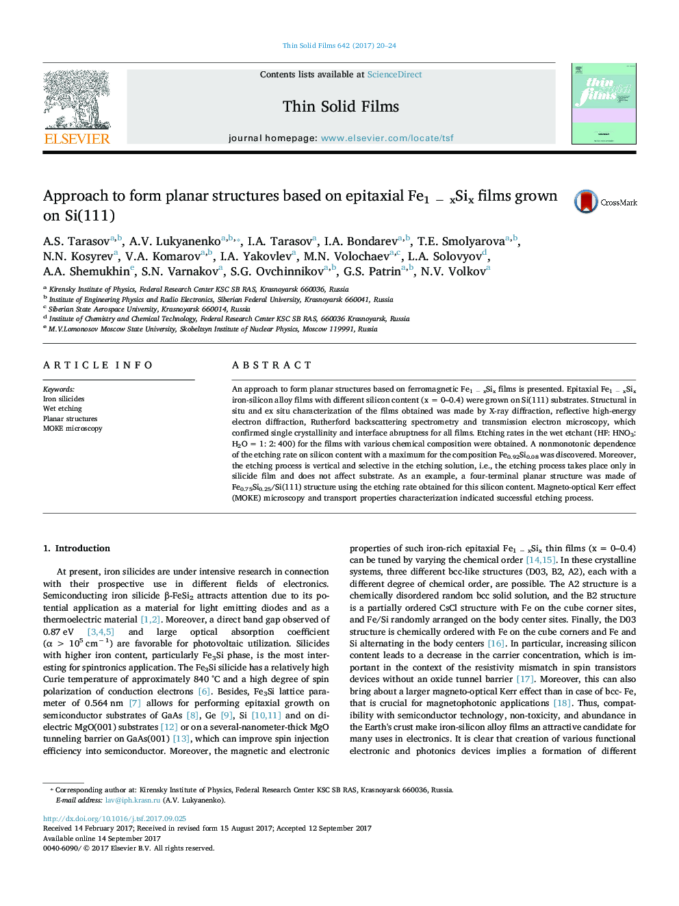 Approach to form planar structures based on epitaxial Fe1Â âÂ xSix films grown on Si(111)