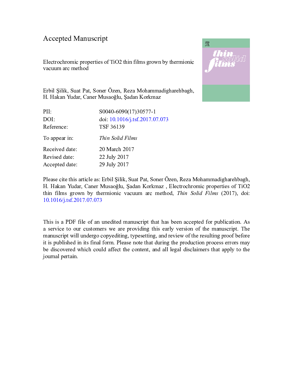 Electrochromic properties of TiO2 thin films grown by thermionic vacuum arc method