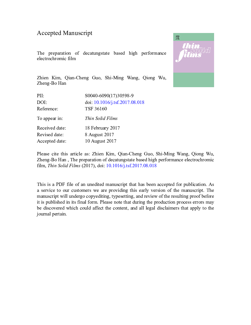 The preparation of decatungstate based high performance electrochromic film