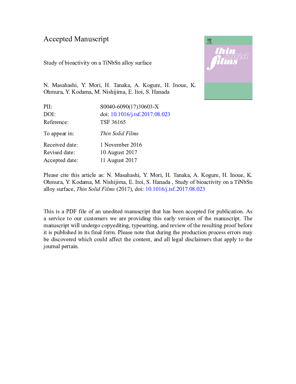 Study of bioactivity on a TiNbSn alloy surface