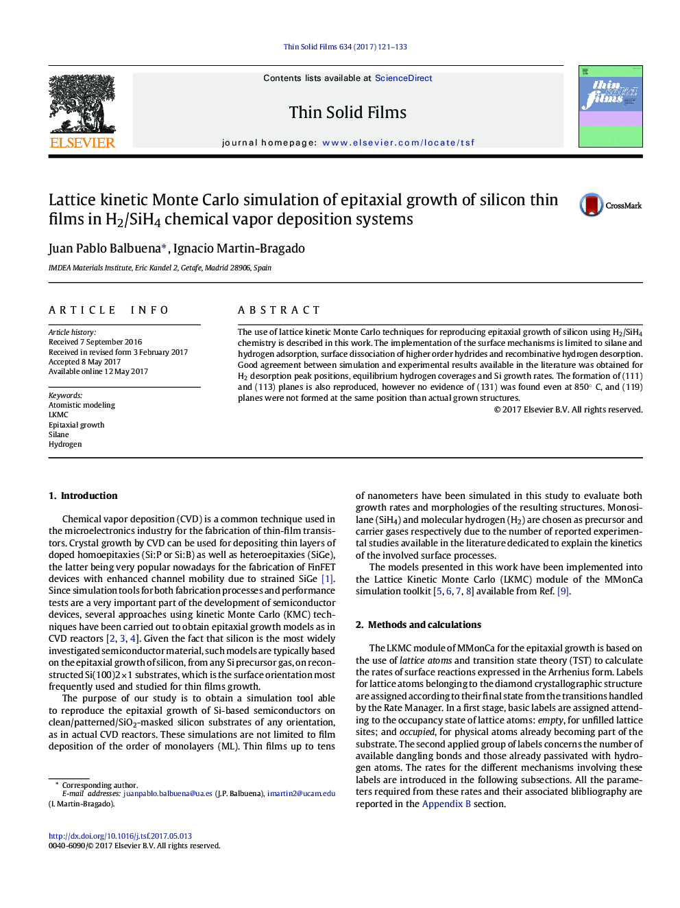 Lattice kinetic Monte Carlo simulation of epitaxial growth of silicon thin films in H2/SiH4 chemical vapor deposition systems