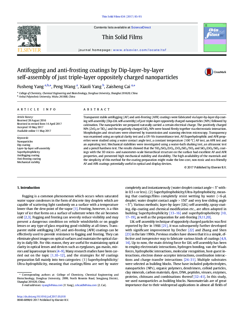 Antifogging and anti-frosting coatings by Dip-layer-by-layer self-assembly of just triple-layer oppositely charged nanoparticles