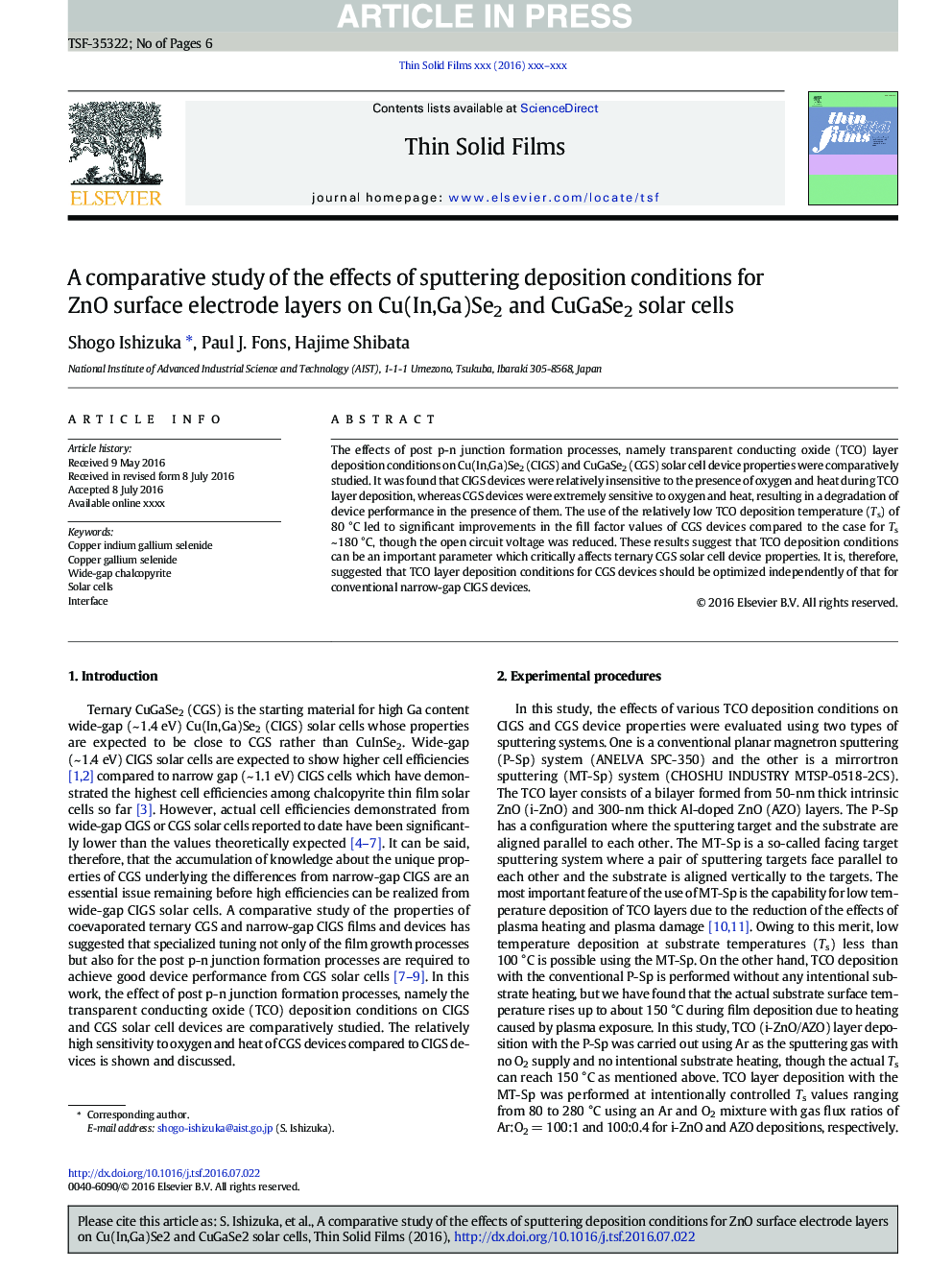 A comparative study of the effects of sputtering deposition conditions for ZnO surface electrode layers on Cu(In,Ga)Se2 and CuGaSe2 solar cells