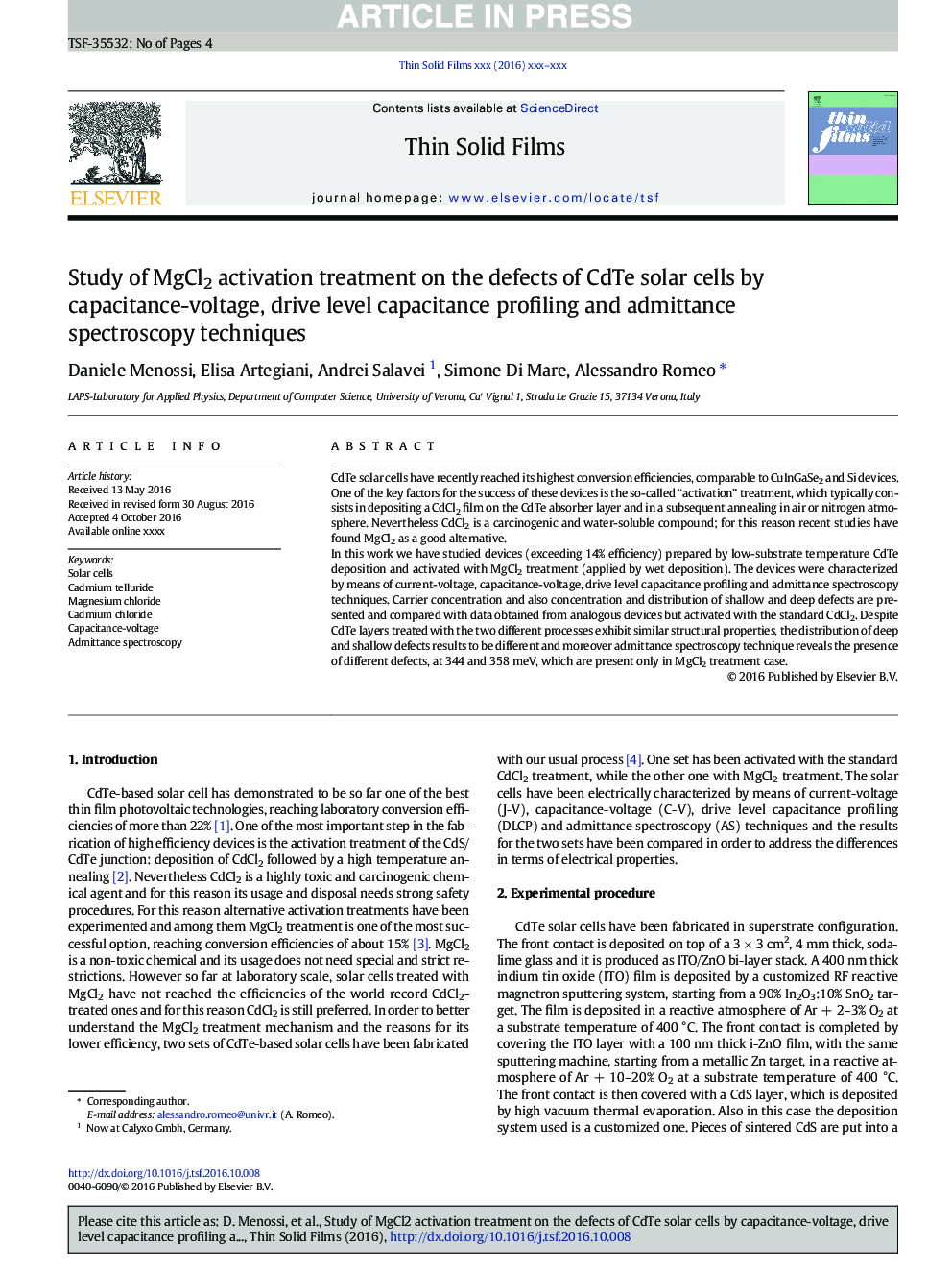 Study of MgCl2 activation treatment on the defects of CdTe solar cells by capacitance-voltage, drive level capacitance profiling and admittance spectroscopy techniques