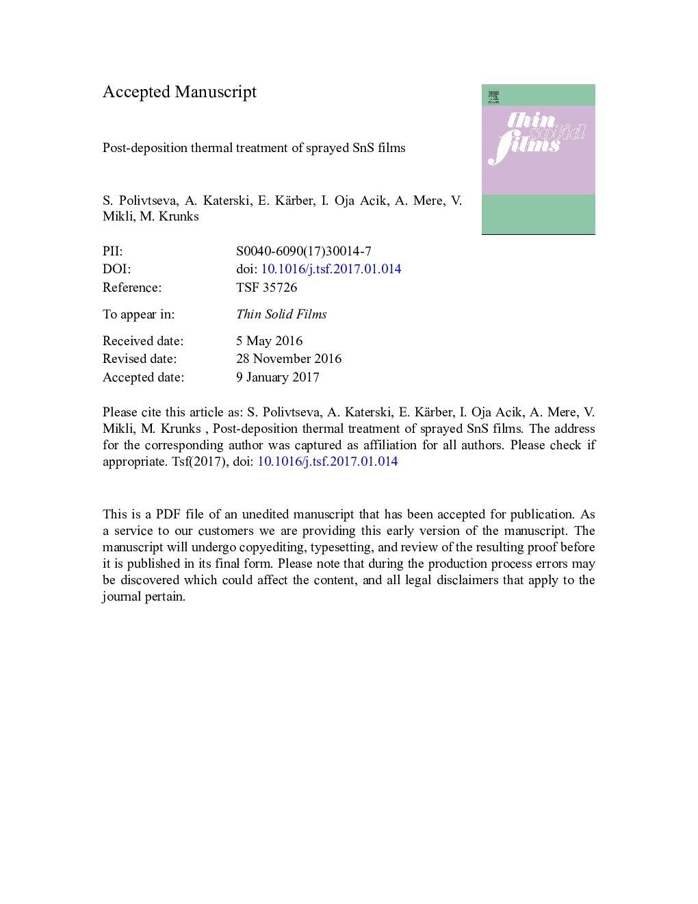 Post-deposition thermal treatment of sprayed SnS films