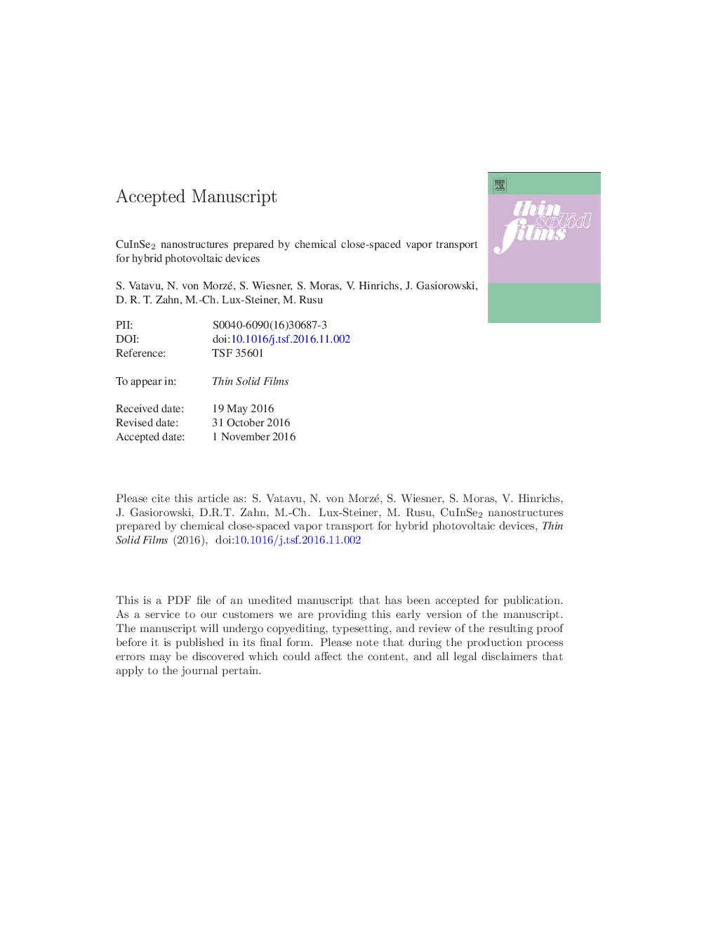 CuInSe2 nanostructures prepared by chemical close-spaced vapor transport for hybrid photovoltaic devices