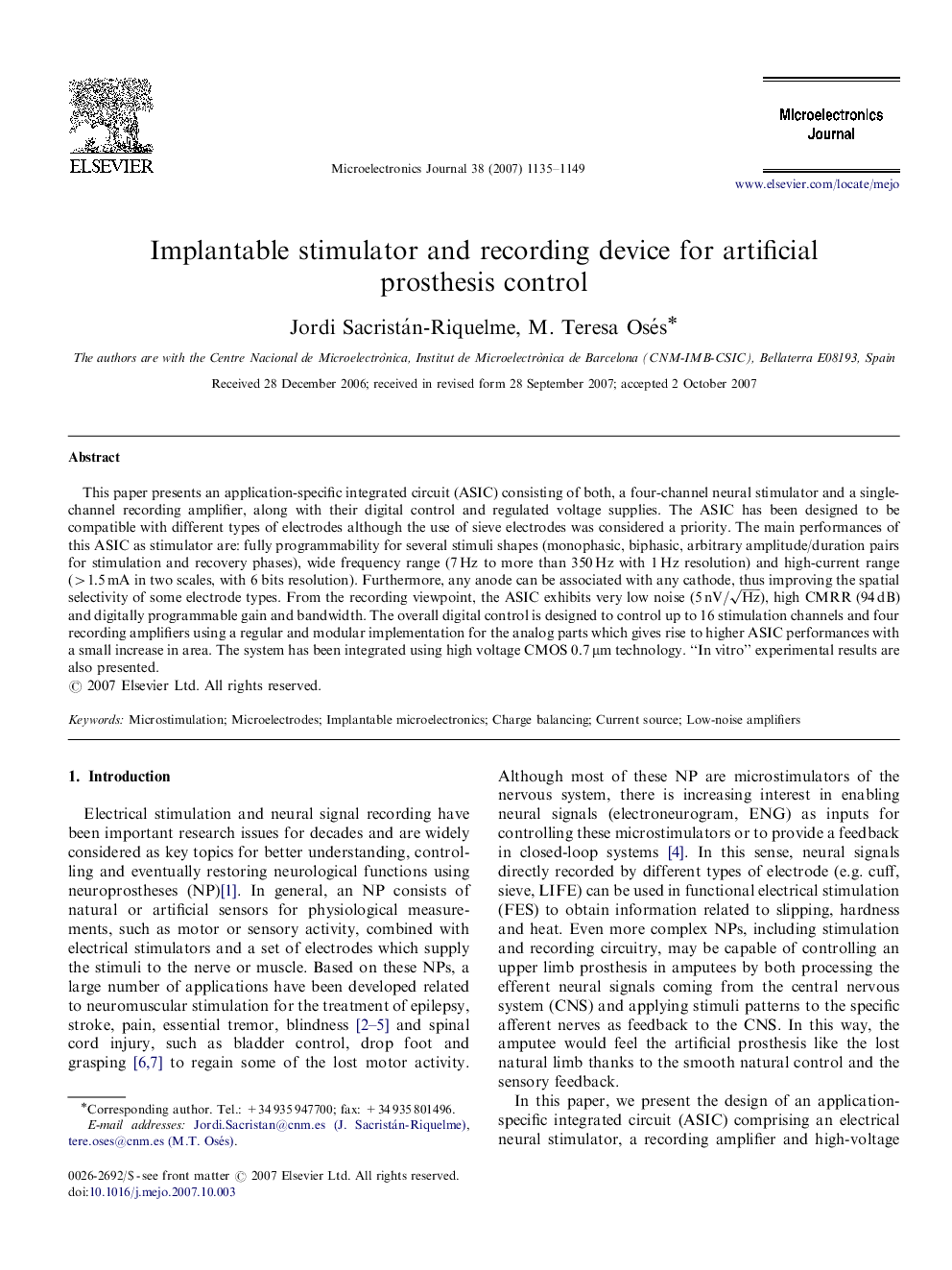 Implantable stimulator and recording device for artificial prosthesis control