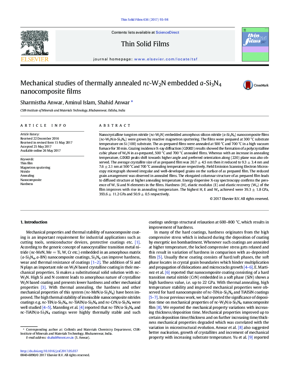 Mechanical studies of thermally annealed nc-W2N embedded a-Si3N4 nanocomposite films