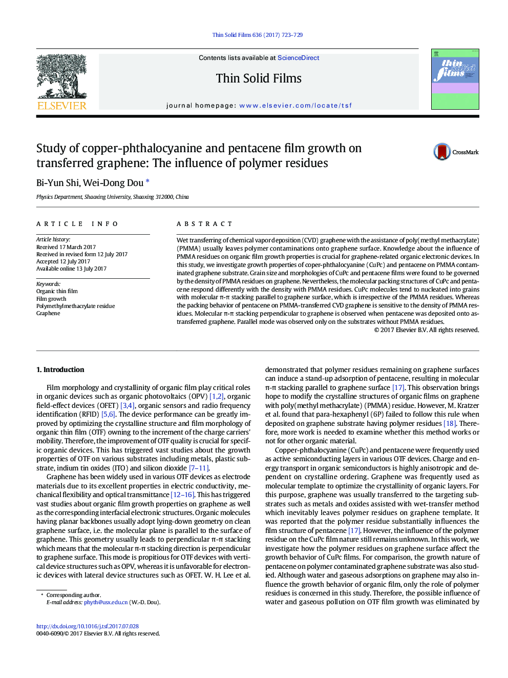 مطالعه فلوئور مس-فتالوسیانین و رشد پنتاآن بر گرافن منتقل شده: تأثیر بقایای پلیمری 