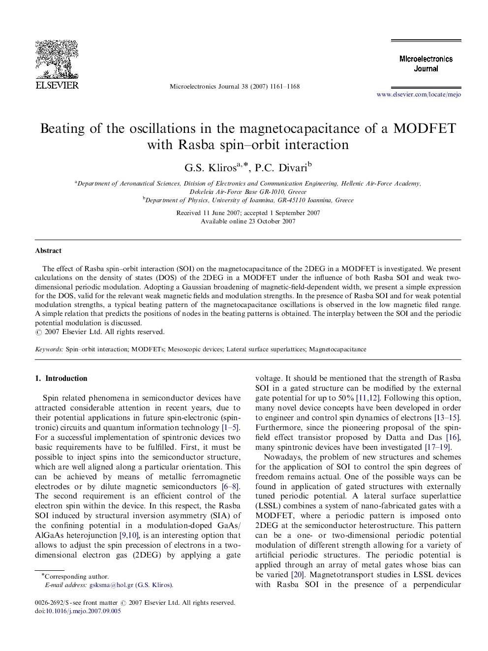 عکس صفحه اول مقاله: Beating of the oscillations in the magnetocapacitance of a MODFET with Rasba spin–orbit interaction Beating of the oscillations in the magnetocapacitance of a MODFET with Rasba spin–orbit interaction