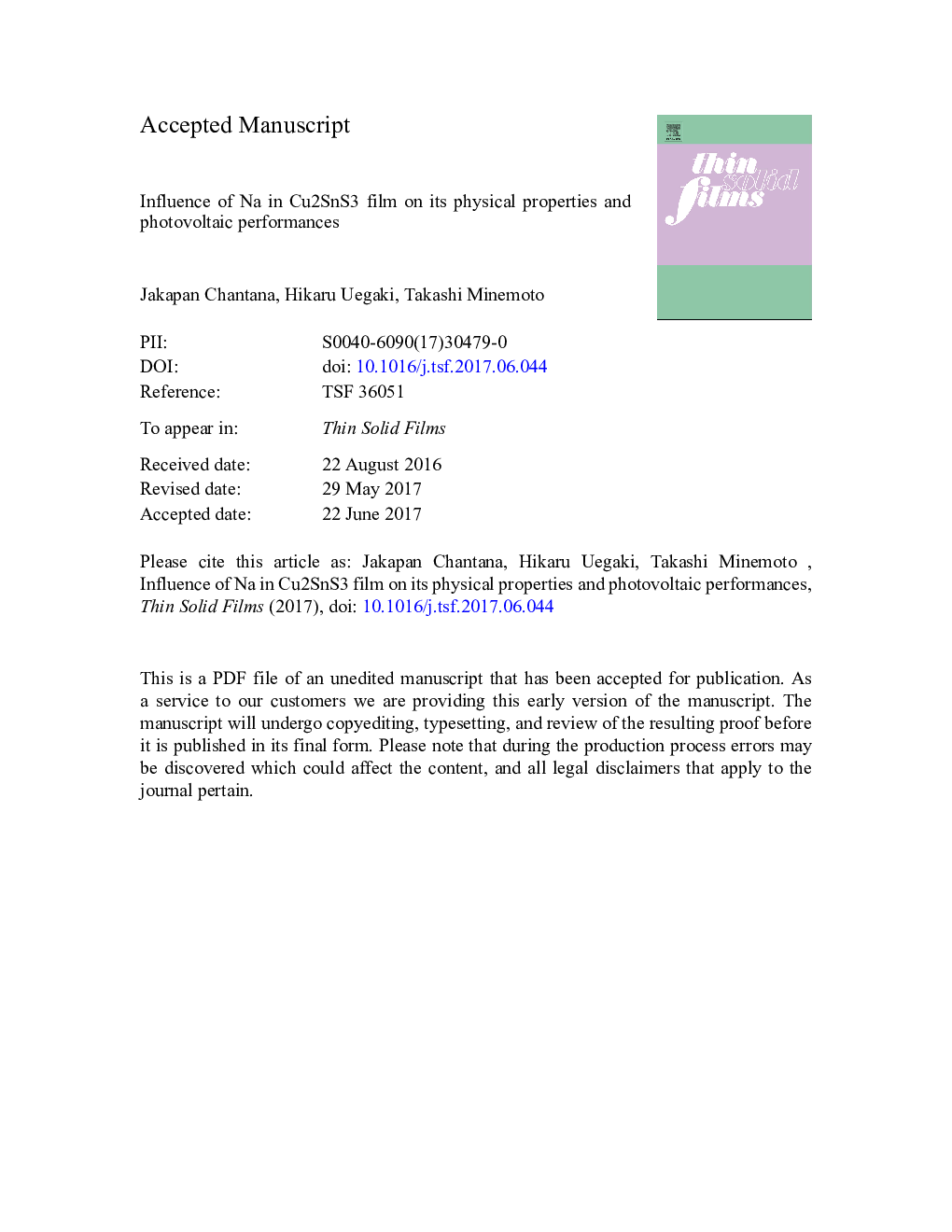 Influence of Na in Cu2SnS3 film on its physical properties and photovoltaic performances