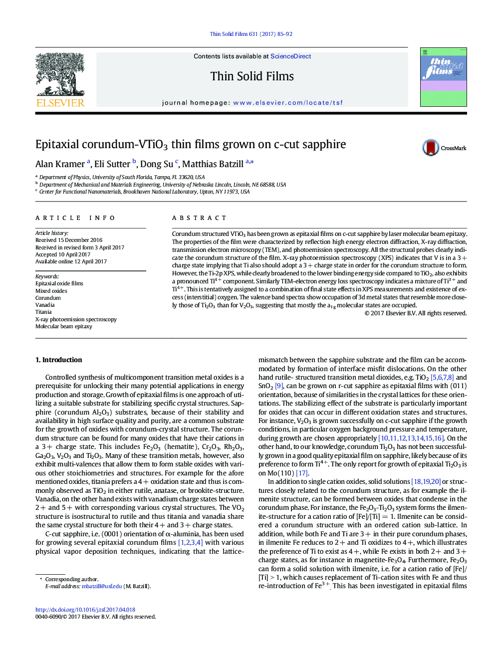 Epitaxial corundum-VTiO3 thin films grown on c-cut sapphire