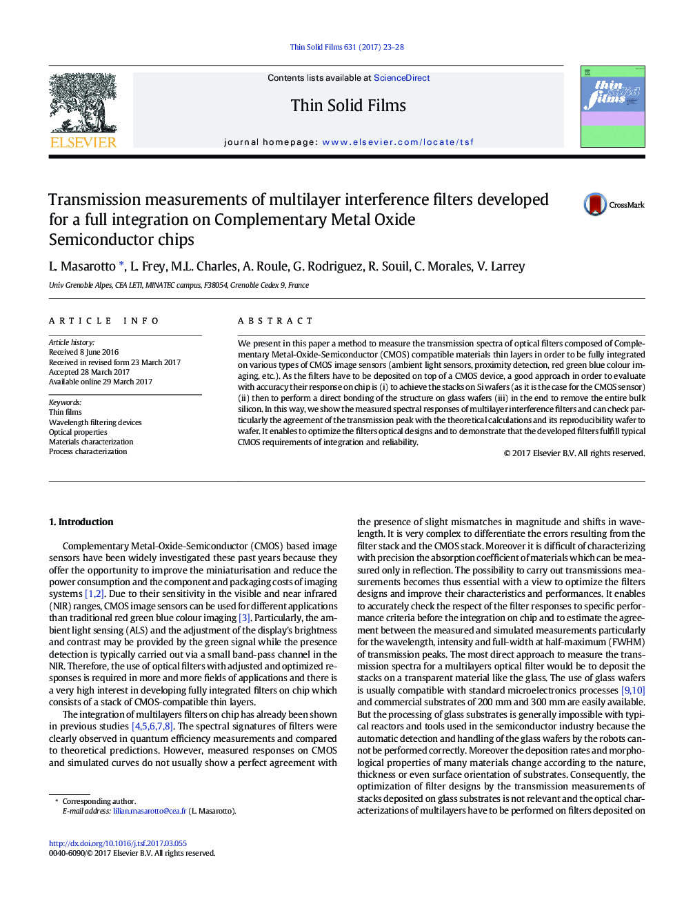 Transmission measurements of multilayer interference filters developed for a full integration on Complementary Metal Oxide Semiconductor chips