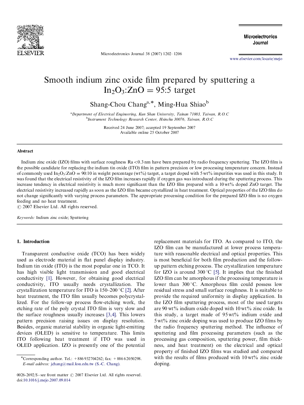 Smooth indium zinc oxide film prepared by sputtering a In2O3:ZnO=95:5 target