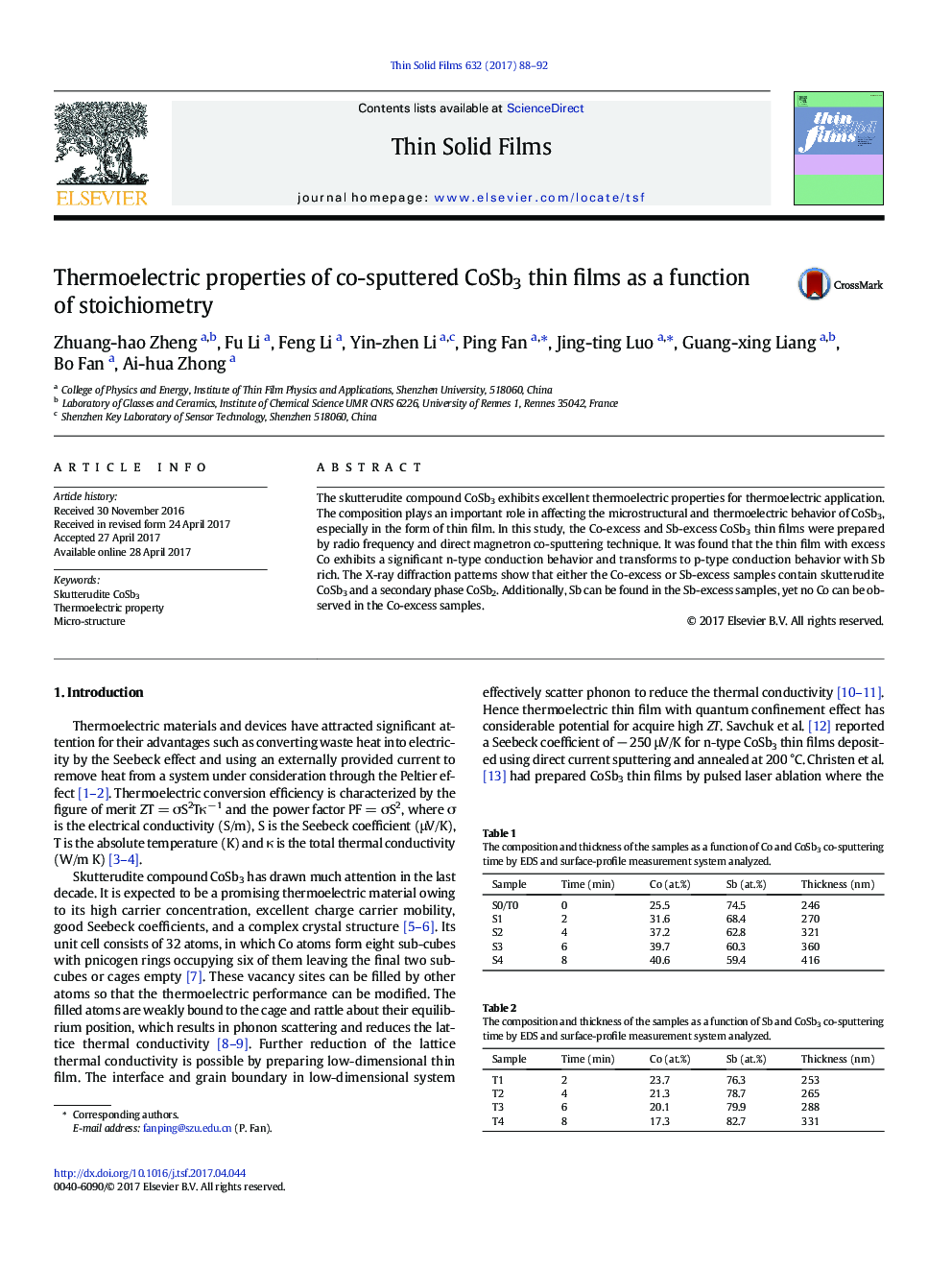 Thermoelectric properties of co-sputtered CoSb3 thin films as a function of stoichiometry