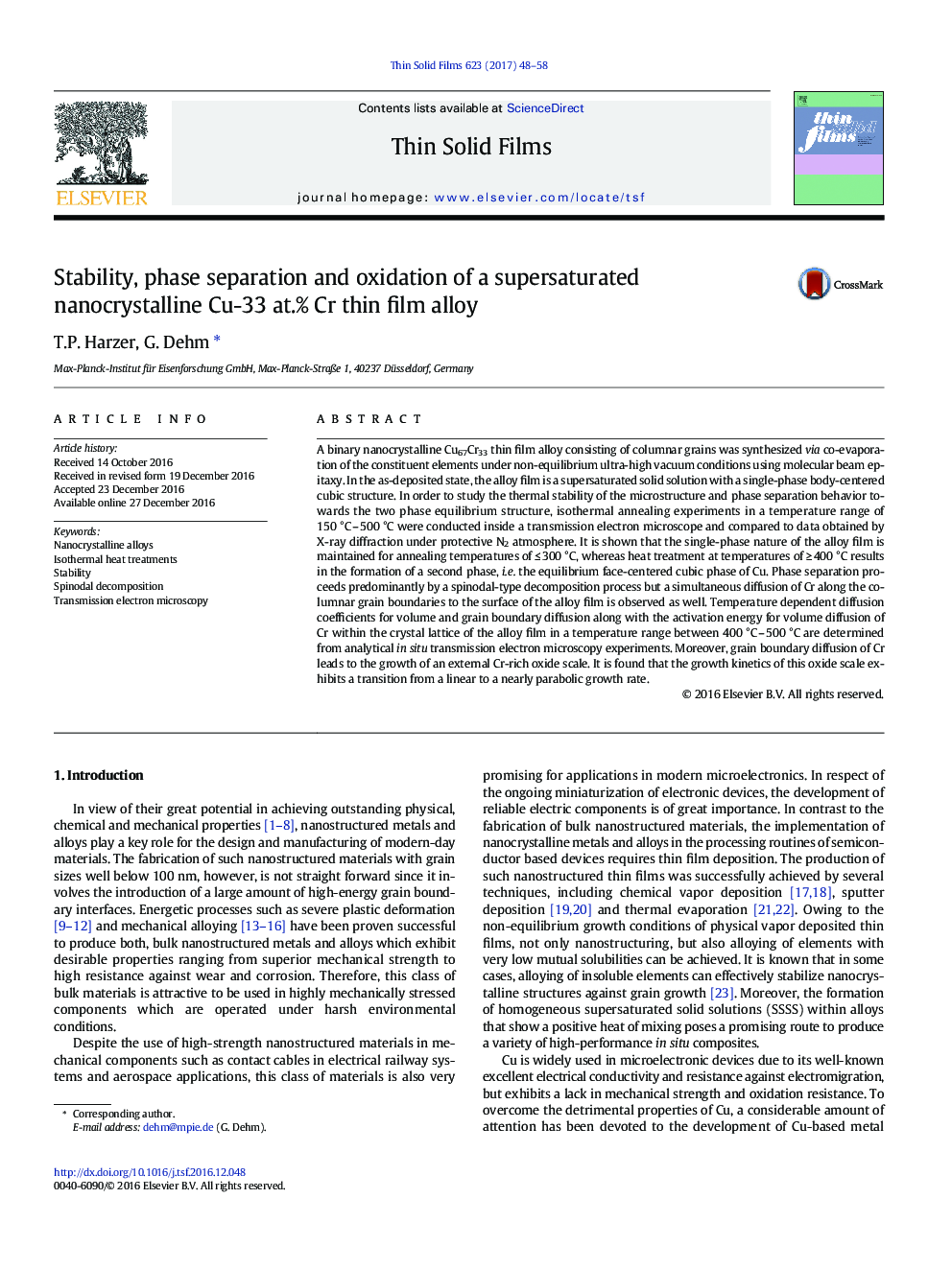 Stability, phase separation and oxidation of a supersaturated nanocrystalline Cu-33Â at.% Cr thin film alloy