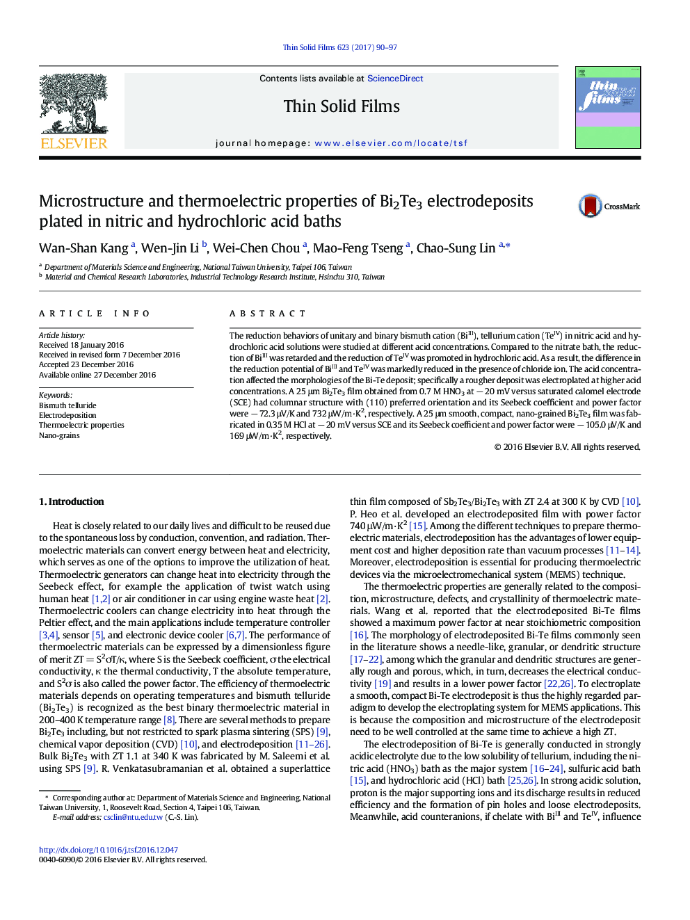 Microstructure and thermoelectric properties of Bi2Te3 electrodeposits plated in nitric and hydrochloric acid baths