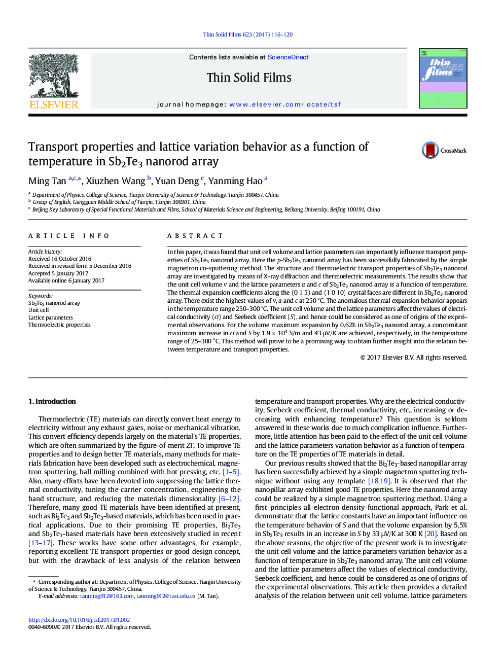 Transport properties and lattice variation behavior as a function of temperature in Sb2Te3 nanorod array