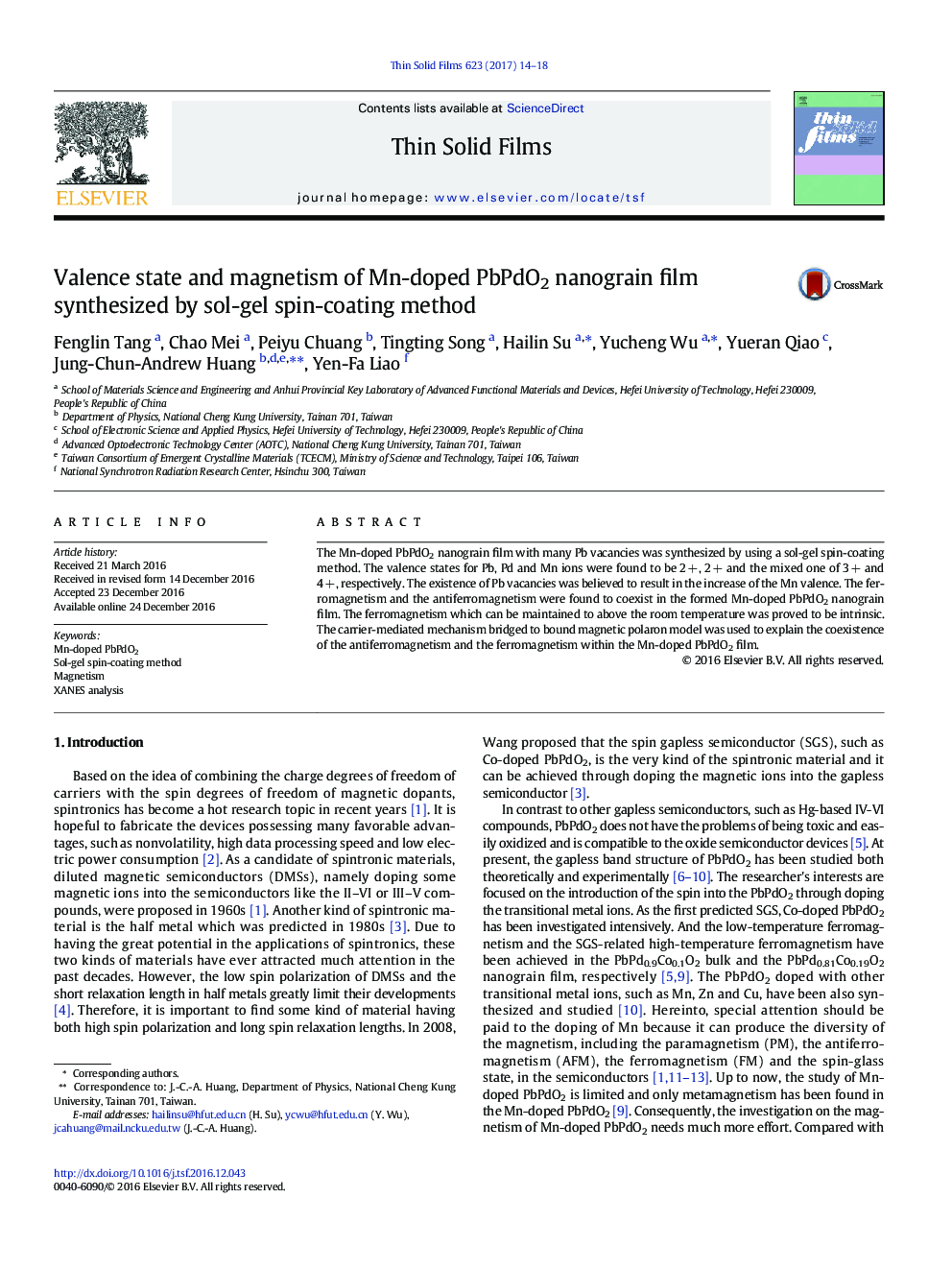 Valence state and magnetism of Mn-doped PbPdO2 nanograin film synthesized by sol-gel spin-coating method