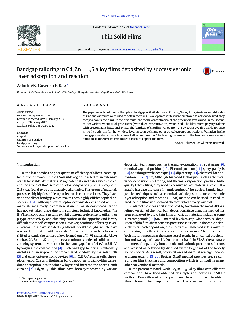 Bandgap tailoring in CdxZn1Â âÂ xS alloy films deposited by successive ionic layer adsorption and reaction