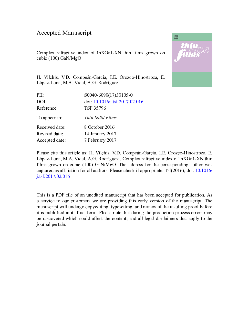 Complex refractive index of InXGa1-XN thin films grown on cubic (100) GaN/MgO