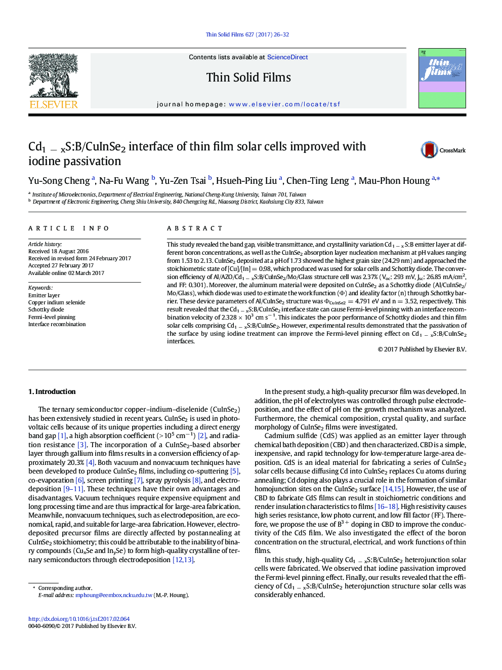 Cd1Â âÂ xS:B/CuInSe2 interface of thin film solar cells improved with iodine passivation