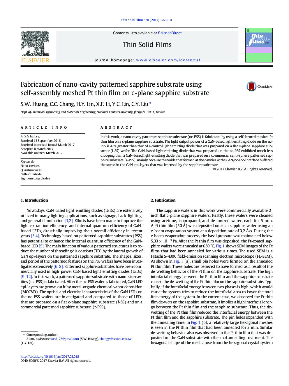 Fabrication of nano-cavity patterned sapphire substrate using self-assembly meshed Pt thin film on c-plane sapphire substrate