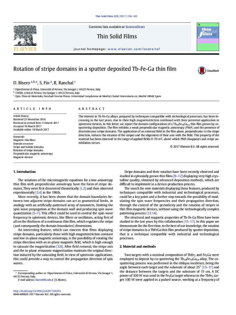 Rotation of stripe domains in a sputter deposited Tb-Fe-Ga thin film