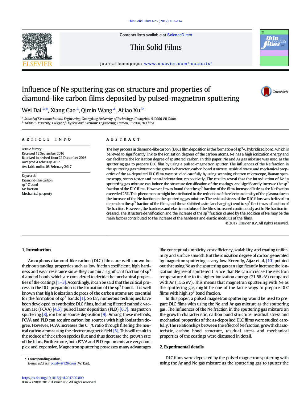 Influence of Ne sputtering gas on structure and properties of diamond-like carbon films deposited by pulsed-magnetron sputtering