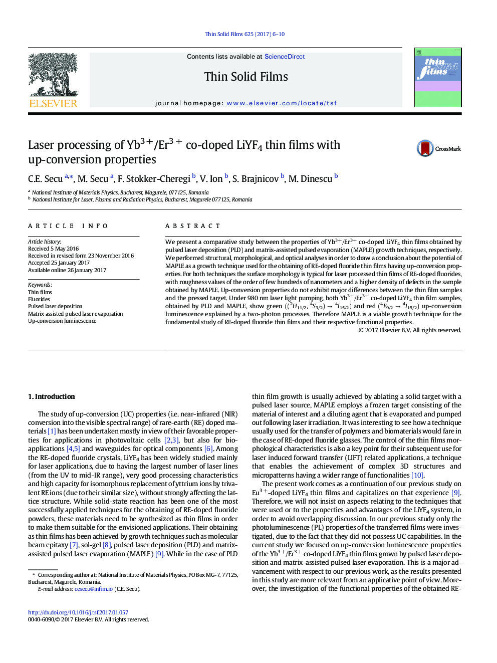 Laser processing of Yb3Â +/Er3Â + co-doped LiYF4 thin films with up-conversion properties