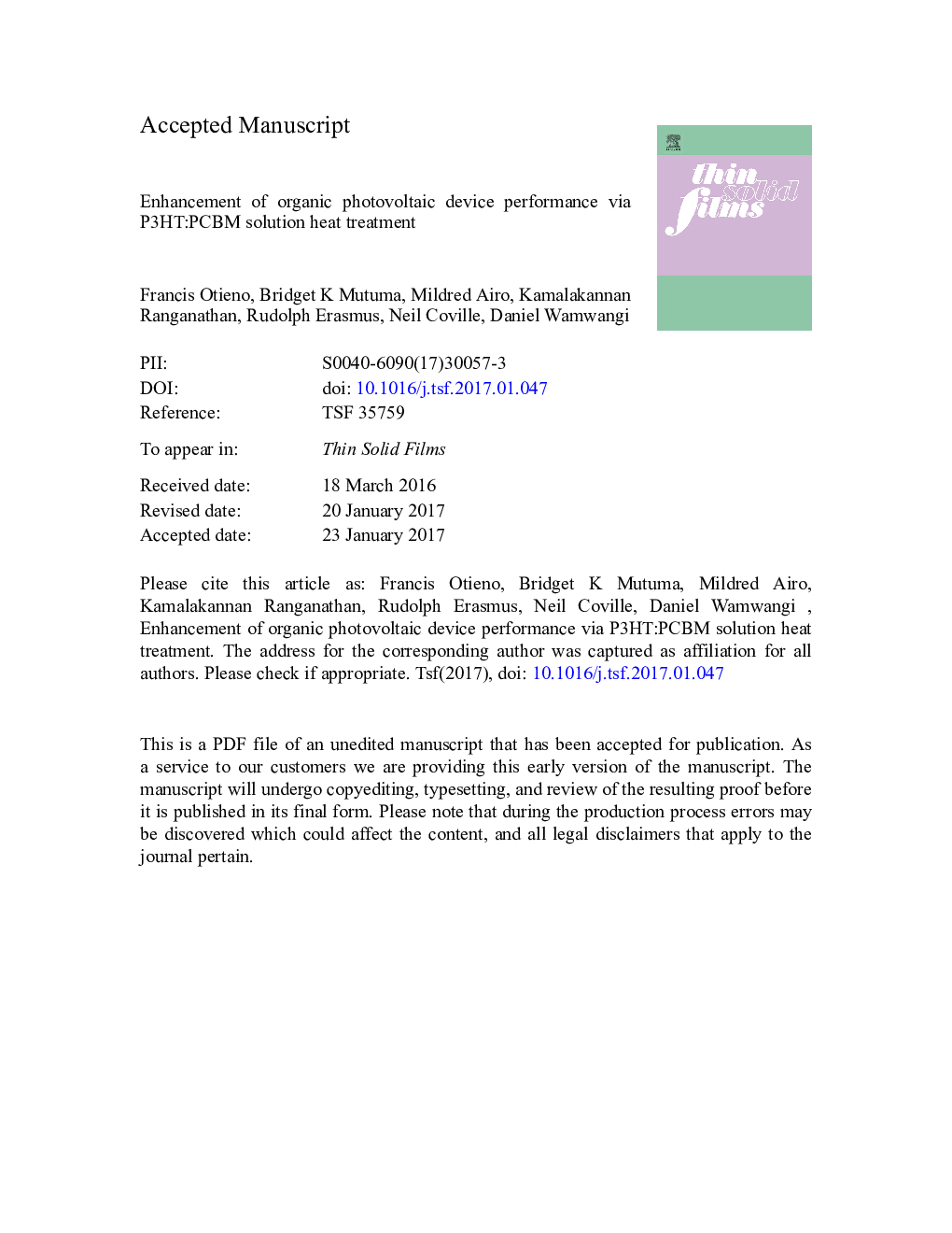 Enhancement of organic photovoltaic device performance via P3HT:PCBM solution heat treatment