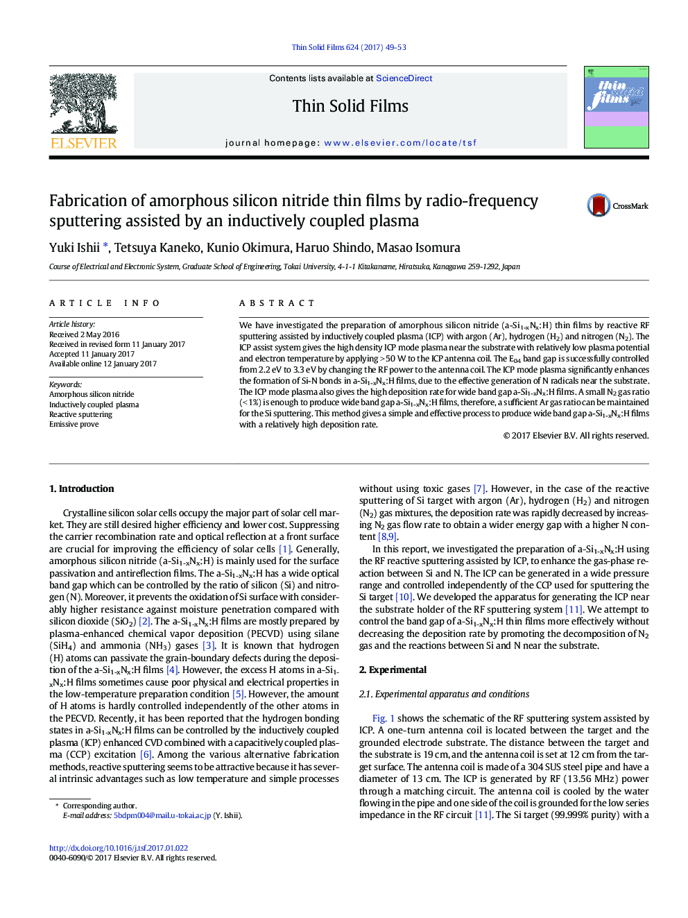 Fabrication of amorphous silicon nitride thin films by radio-frequency sputtering assisted by an inductively coupled plasma