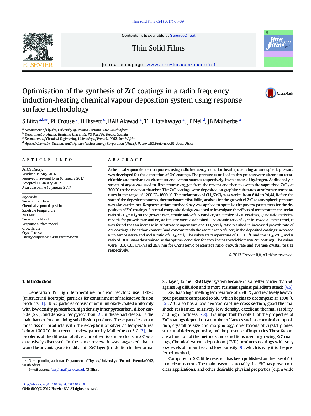 Optimisation of the synthesis of ZrC coatings in a radio frequency induction-heating chemical vapour deposition system using response surface methodology